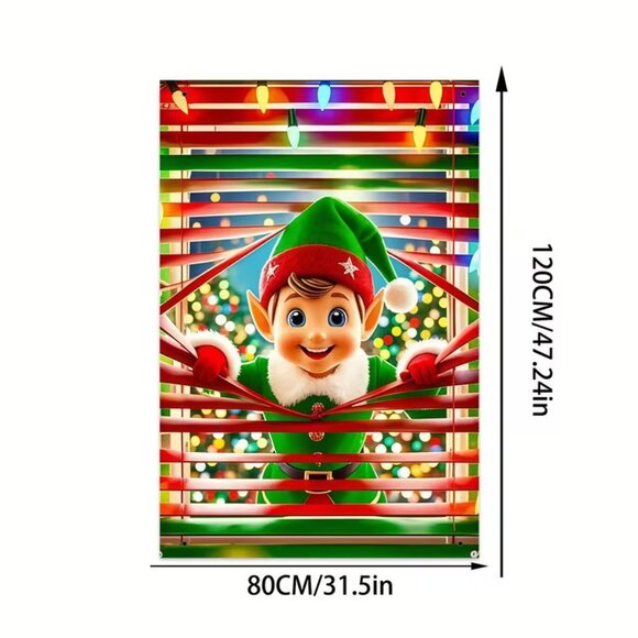 47"h x 32"w Holiday Wall Banner Festive Christmas Elf in a Window w Lights - Picture 2 of 2